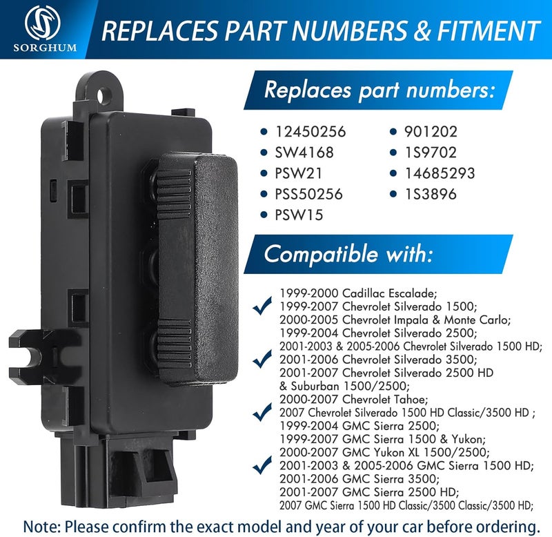 Sorghum Power Seat Switch - Adjustment Switch Control 6 Ways Compatible with 1999-2007 Chevrolet Silverado Tahoe GMC Sierra Yukon Cadillac 8 Pins Replace# 12450256 14685293 901202 - Image 4